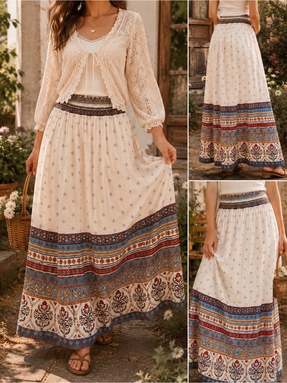 Bohemian Skies Are Blue Cream Maxi Skirt with Blue and Red Border Size Small